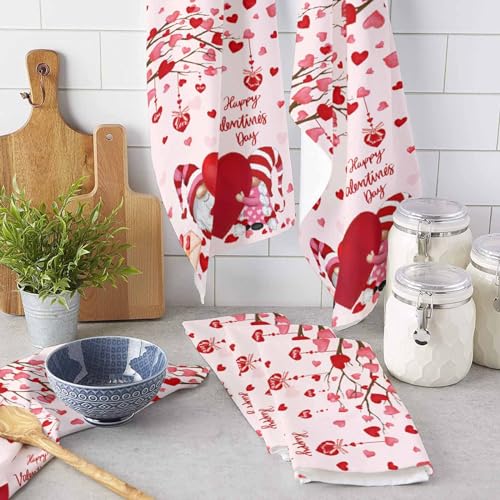 Image of Happy Valentine's Day Kitchen Towels,Gnomes Red Heart Pink 18x28 Inches Soft Kitchen Dish Cloth, Love Tree Cotton Tea Towels /Bar Towels /Hand Towels,(3 Pack)