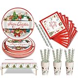 Nkaiso Kit de Vajilla Desechable para Fiestas de Navidad - 126 Piezas Juego de Vajilla de papel Incluye Platos de Papel, Vasos y Servilletas para Decoración Navideña - 25 Invitados