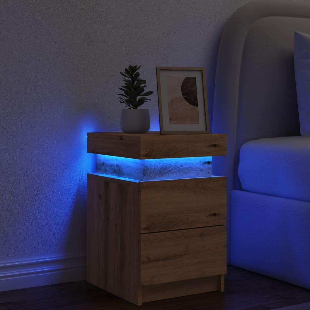 SXZenSpace 857656 Bedside Cabinet with LED Artisian Oak 35x39x55 cm Engineered Wood Tables Drawers Side End Table Nightstand Storage Organizer Home Stand for Bedroom