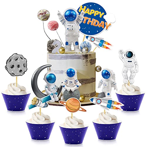 Astronaut Figurines Space Cake Toppers Astronaut Planet Rocket Satellite And Star Space Diy Cake Toppers For Space Theme Party Kids Birthday Party Baby Shower Supplies (Blue) #TOP4