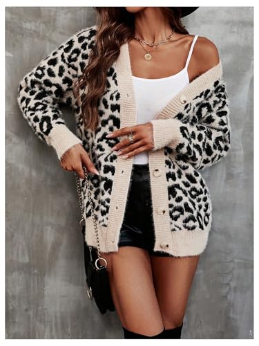 WDIRARA Women's Leopard Knit Button Up Cardigan Fuzzy Sweater V Neck Long Sleeve Outerwear3