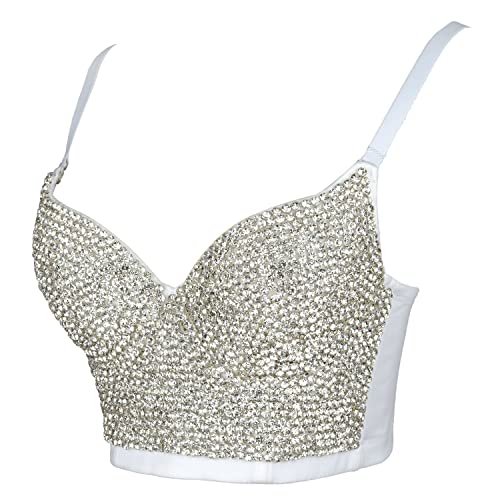 ELLACCI Women's Handmade Rhinestone Diamond Push up Bustier Crop Top Sexy Punk Corset Bra White3