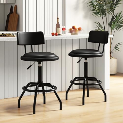 GIANTEX Taburete Giratorio Set de 2 para Isla de Cocina y Barra Ajustable en Altura con Asiento y Respaldo Acolchonado, Reposapiés, Estructura Metálica, Tapizado en Cuero PU Negro miniatura 2