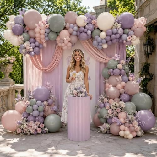 Image of Dusty Pink Purple Balloon Arch Double Stuffed Light Blush Lavender Balloon | Lilac White Ivory Gray Balloon Garland for Fairy Baby Shower Birthday Bloom Bridal Shower Butterfly Mermaid Party Decorations