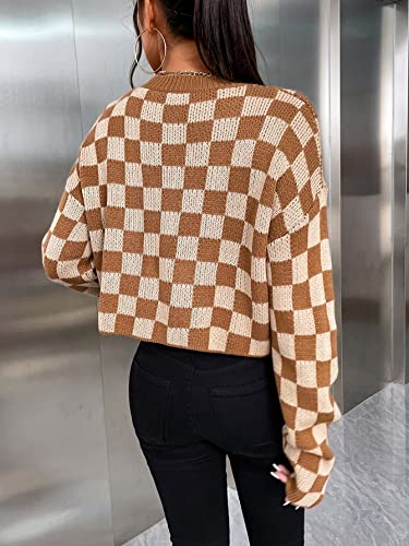GORGLITTER Women's Checkered Cropped Sweater Plaid Knit Long Sleeve Crewneck Pullover Tops2