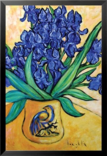FRAMED Irises in Blue Vase by Brendan Loughlin 24x33 Art Print Poster Floral Still Life Interior Blue Irises Yellow Vase