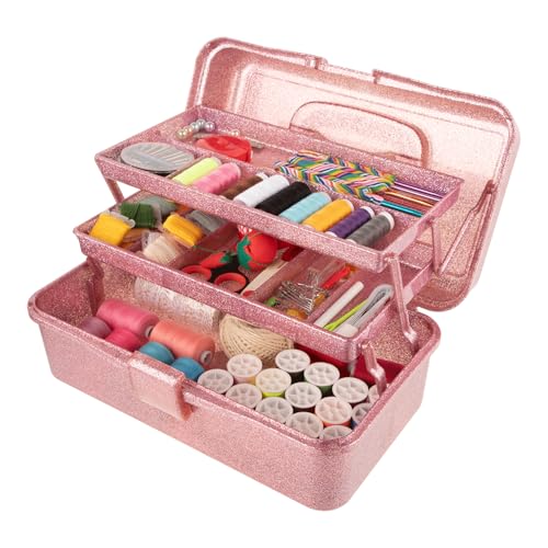 Image of Glitter Pink 3 Layer Craft Storage Box, Pink Tackle Box Organizer for craft tool, Cosmetic Organizer for girls