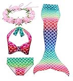 El paquete incluye: 1 top de bikini, 1 de bikini, 1 cola de sirena y 1 diadema con guirnaldas de flores.