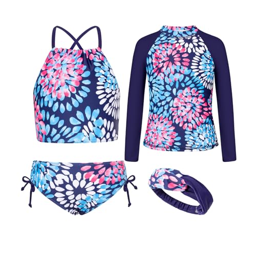 GRACE KARIN Girls Swimsuit Tankini Set Rash Guard Long Sleeve Swimsuit 4 Piece Bathing Suit Swimwear 5-14Y