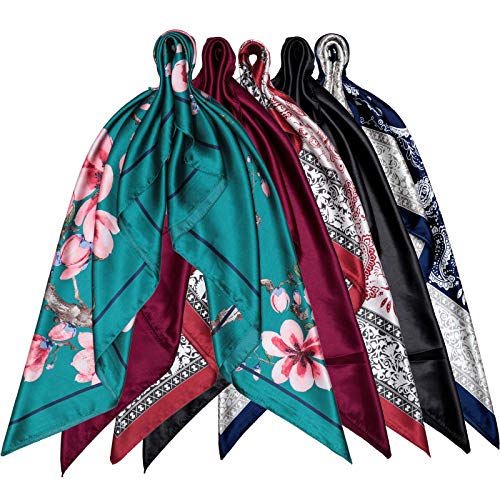 5 Pieces Head Scarf 35 Inch Satin Large Square Hair Scarves Silk Like Neck Scarf Head Wraps Headscarf for Women (Bright Colors)