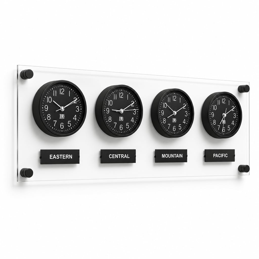 BBHORAIRE Black Time Zone Wall Clock, Silent Quartz Analog World