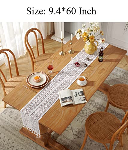 Gemseek 60 Inch Boho White Table Runner, Vintage Farmhouse Bohemian Crochet Macrame Table Runner For Wedding Party Coffee Dining Table Decor #TOP1