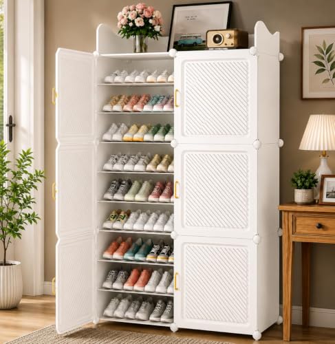Image of Plastic Shoe Rack for Home with Door | 6-Shelf DIY Shoe Cabinet Organiser | Stores 36 Pairs | Foldable & Waterproof Shoe Stand for Entryway, Bedroom