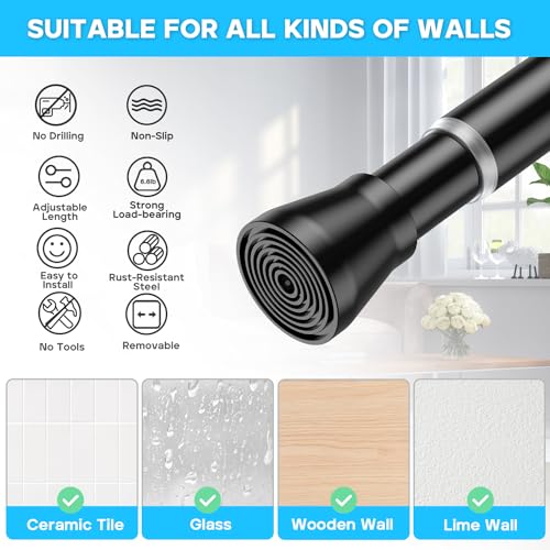 Image of AIZESI Tension Curtain Rod 28 to 48 Inch, 2pcs Black Tension Rod Adjustable Curtain Rod Curtain Tension Rod Spring Tension Curtain Rod No Drill Spring Curtain Rod Small Shower Rod