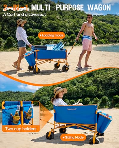 500lbs Love-Seat Wagon 3-in-1 Bench Wagon Seat for 2 Adults & Heavy Duty Utility Cart, 31L Detachable Cooler Bag, Adjustable Handle &Cup Holders,Perfect for The Beach, Sport, Camping