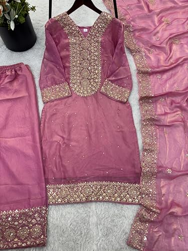Image of JIYA'S Collection Women Eid Special Fendy Silk Embroidered Kurta Palazzo Set with Dupatta