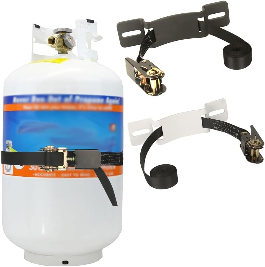 2PCS Propane Tank Holder，Oxygen Tank Holder，Propane Tank Storage,, with 6.6ft Ratchet Strap and Screws Suitable for rv Propane Tank Holder，Cylinder Wall Mounted Bracket (White) (White)