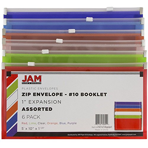 Jam Paper Plastic Envelopes With Zip Closure - #10 Booklet Wallet - 5 X 10 - Assorted Colors - 6/Pack #TOP2