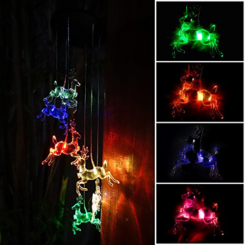 JETSUN Wind Chimes, Waterproof Solar Powered LED Color-Changing Wind Bell for Home/Party/Yard/Garden Décor -Christmas Deer