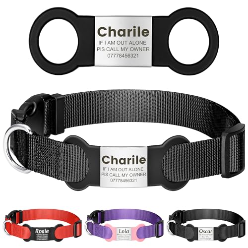 YEHANTI Nylon Hundehalsband mit Personalisiert Hundemarke, Komfortabel und Leise, Lasergraviertes Hundemarke mit Name, Adresse und Telefonnummer (Schwarz)