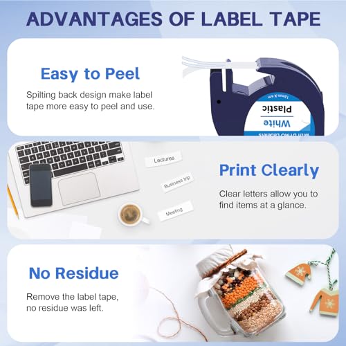 CNMTCCO 5x Etikettenband kompatible für Dymo Letratag 12mm x 4m, Kunststoff Schriftband für Dymo Beschriftungsgerät LT-100H LT-100T 200B XR 91221 S0721660, Schwarz auf Weiß