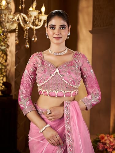 Image of Pandadi Saree Women's Net Embroidery Work Saree With Unstitched Blouse Piece