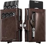 VULKIT Porte-cartes pour 10-12 cartes, porte-monnaie zippée, RFID Blocage de petit portefeuille avec ID Fenêtre, Compartiment de billets, Porte-cartes en aluminium intelligent, brun foncé, 2.49 cm x 7.30 cm x 10.01