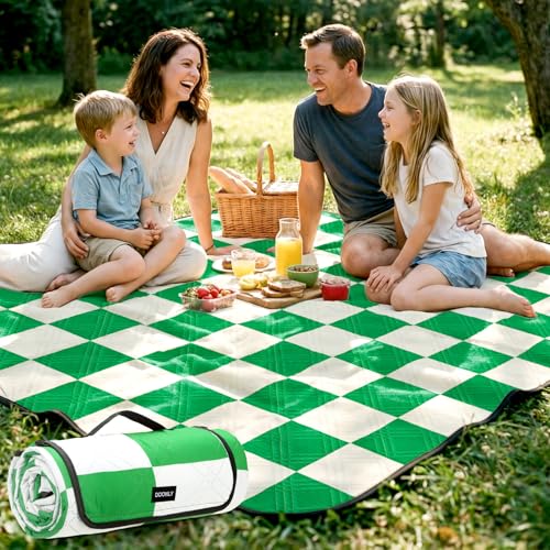 Doonly Picnic Blanket, 78" x 78" Large Waterproof Sandproof Beach Blanket, Foldable Outdoor Blanket Gingham Picnic Mat for Beach, Camping, Park, Grass, Lawn, Travel (Green)