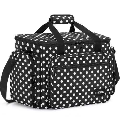 Image of Sewing Machine Carrying Case with Multiple Storage Pockets Large Capacity, Universal Tote Storage Bag Compatible with Most Standard Singer, Brother, Janome, Black Dots