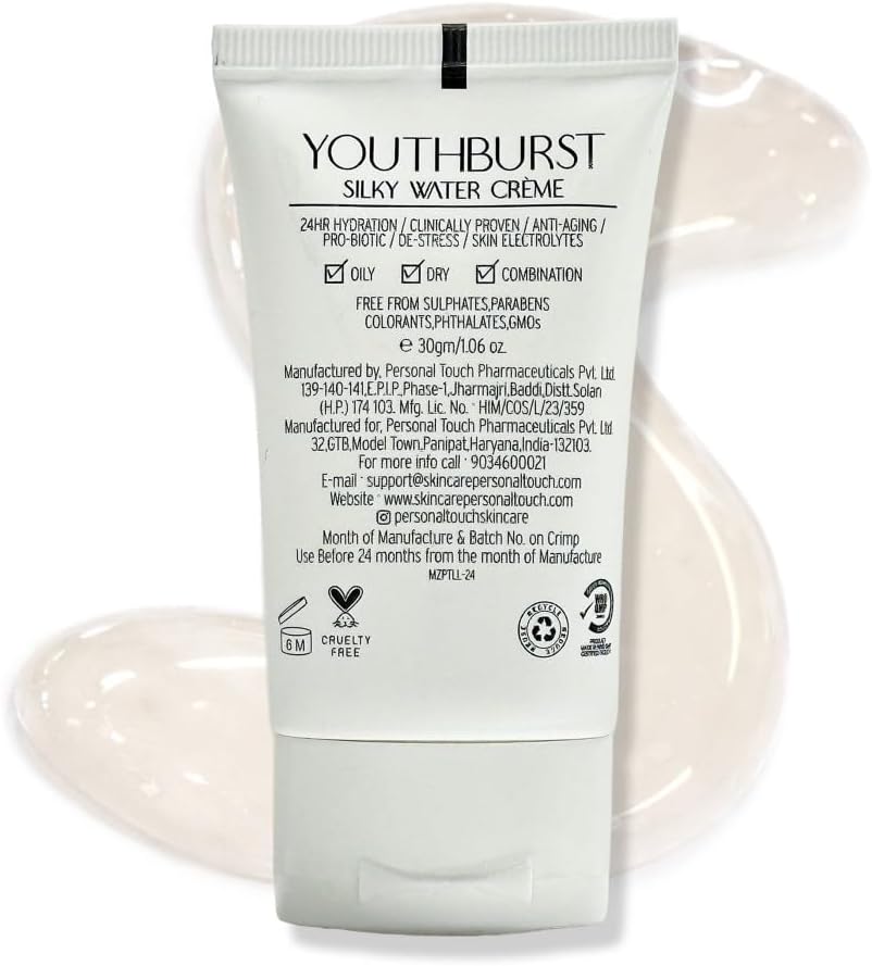 Personal Touch Youthburst Water Gel Moisturiser | Hyaluronic Acid, Vitamins E, C, B3 | 24H Hydration, Dark Circle & Wrinkle Reduction | Anti-Aging Primer | Non-Comedogenic | All Skin Types – 30ml