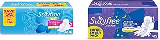 Stayfree Secure XL Ultra Thin Sanitary napkins (40 Count) & Stayfree All Night XL Dry Max Cover Sanitary Napkins - 42 Pads (Super Saver Pack)