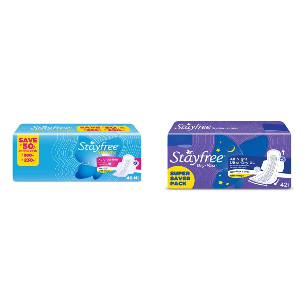 Stayfree Secure XL Ultra Thin Sanitary napkins (40 Count) & Stayfree All Night XL Dry Max Cover Sanitary Napkins - 42 Pads (Super Saver Pack)