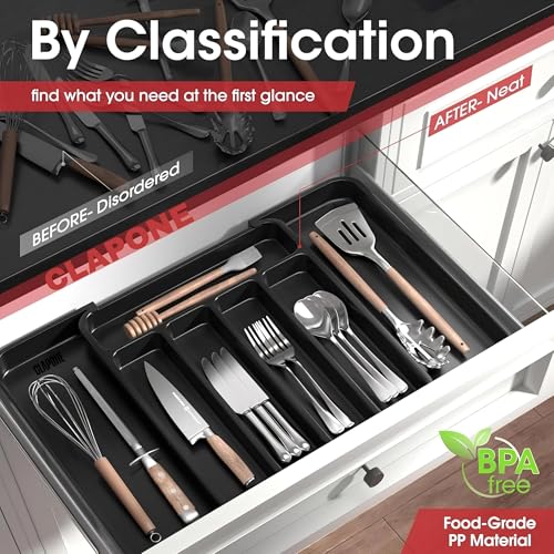 Image of CLAPONE Drawer Organizer Tray /Kitchen Expandable Utensil Tray /Adjustable Utensil Organizer /Cutlery Silverware Flatware Holder /Divider for Spoons Forks Knives Tableware (Black, 1 Pieces)