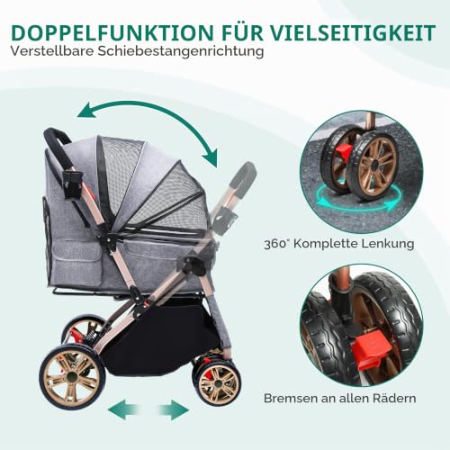 YITAHOME Hundebuggy Hundewagen klappbar für Hunde & Katzen, Haustierbuggy bis 22 kg mit umkehrbarem Griff, Netzfenstern, Getränkehalter, 360° drehbare EVA-Räder mit Bremsen (Grau)