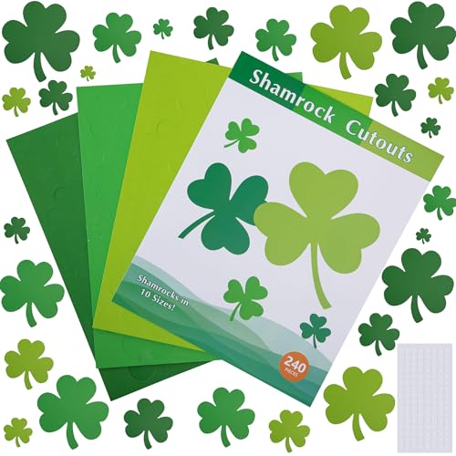 Mizelu 240 Pcs St. Patricks Day Cutouts Set Pre-Cut Green Paper Clover Lucky Shamrock Shape Cut-Outs for Irish Themed Party Bulletin Board Decoration and DIY Crafts Supplies