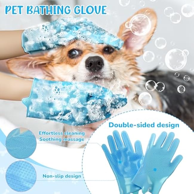 Dog Grooming Kit for Shedding ¨C 8-Piece Pet Grooming Supplies with Deshedding Brush, Bath Gloves, Towels & Silicone Toothbrush | Ideal for Dogs, Cats, Small and Large Pets (Blue)-ebzuSc8l
