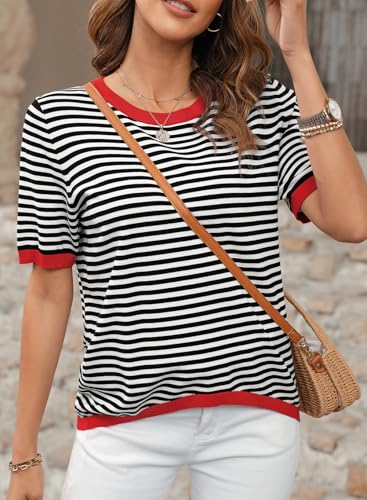Image of Womens Short Sleeve Striped Color Block Crew Neck Sweater Shirt Lightweight Cotton Casual Summer Pullover Tops