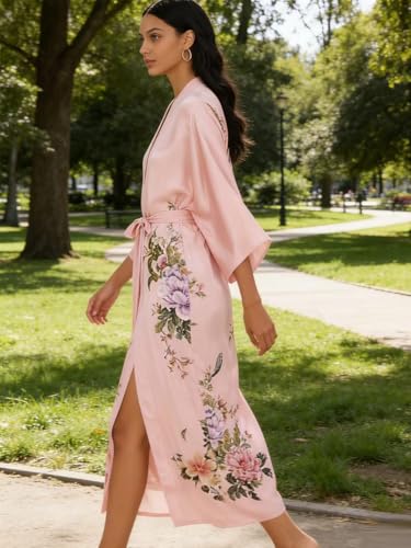 Image of Women's Classic 100% Silk Kimono Robe, Bathrobe-Printed Pattern