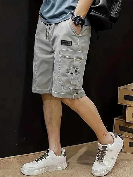 Image of Men's 100% Pure Cotton Cargo Shorts | Regular Fit Knee Length Utility Shorts with Multiple Pockets | Casual Outdoor Summer Wear Shorts for Men