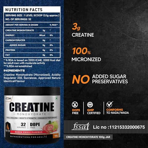 Image of Asitis Nutrition Atom Creatine Monohydrate Powder 100 grams - 32 Servings | Dope Free | Enhances Performance | Promotes Muscle Gains | Guava Chilli Flavour