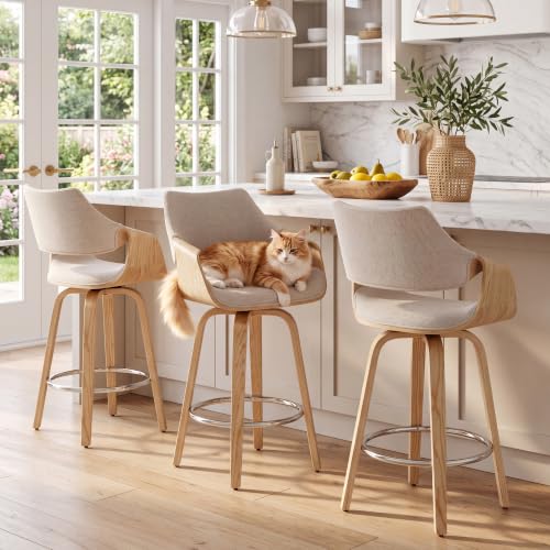 Image of HNY 26 inch Swivel Bar Stools Set of 3, Beige Chenille Counter Height Barstools