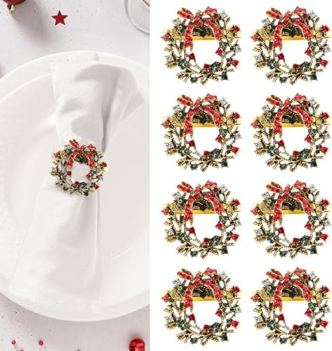 8-Piece Christmas Napkin Ring Set - Wreath & Tree Designs, Alloy Metal, Table Decor For Holidays - View #10