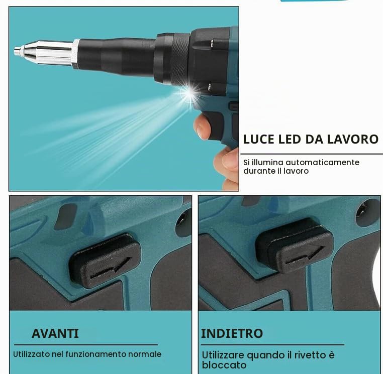 Rivettatrice Elettrica a Batteria 18V, Pistola per Rivetti Elettrica, Senza Spazzole Blu LED Pistola per Rivetti, Automatici BL1815 3,2-4,8 mm Rivettatrice a Batteria non in