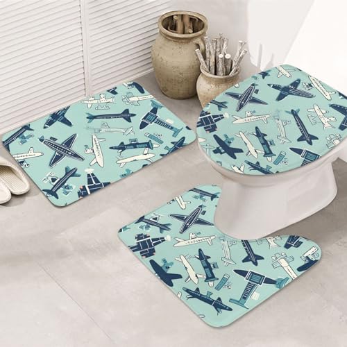 Dwrepo Airplane Print Bathroom Rug Set 3 Piece with Non-Slip U-Shaped Contour Mat and Toilet Lid Cover for Bathroom Decoration