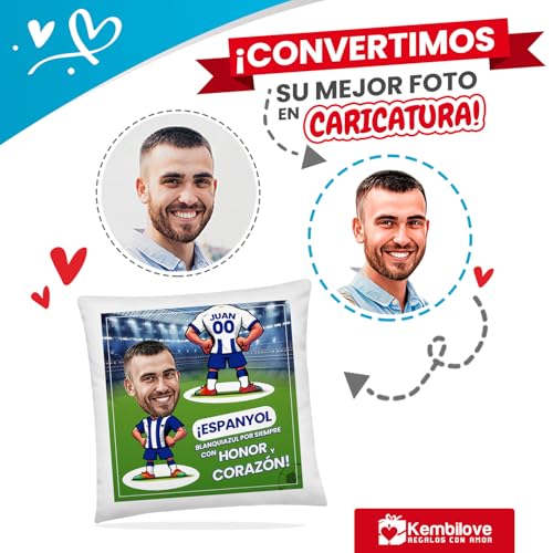 Kembilove Cojín Personalizado Espanyol con Caricatura | Almohada con Foto Nombre y Número | Regalo para Aficionados Pericos | Decoración Ideal para Fans del RCD Espanyol