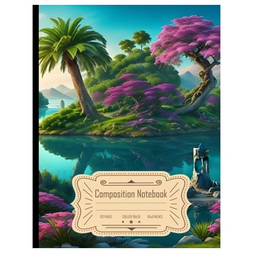 Composition Notebook College Ruled: Idyllic Magical Lake with Colorful Flora, Stone, and Palm Tree Satuary, Ideal for Writing, Size 8.5x11 Inches, 120 Pages