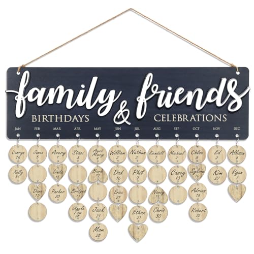 Family Birthday Plaque with Tags - Wooden Calendar Wall Hanging with Embossed Lettering - Birthday Reminders for Family & Friends - Sentimental Gift for Parents, Grandma, Mom, & Grandparents