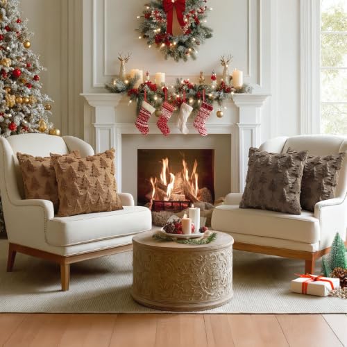 Image of MIULEE Christmas Throw Pillow Covers Reddish Brown Christmas Decorations Set of 2 Xmas Tree 18x18 Pillow Covers Soft Faux Wool Pillowcases Holiday Festivals Winter Home Decor Sofa Couch Bed Porch