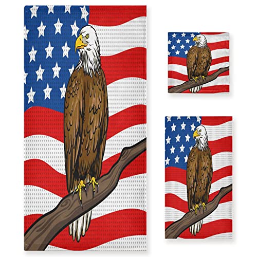 Quteprint Juego de 3 toallas de baño con diseño de águila y bandera americana, toallas absorbentes, 1 toalla de baño + 1 toalla de mano + 1 paño de baño, súper suaves, multiusos, juego de 3 toallas