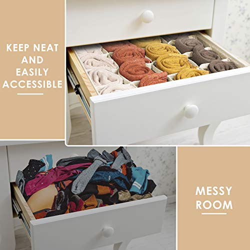 Image of Criusia 3 Pack Organizer Dividers, 64 Cell Fabric Foldable Cabinet Closet Organizers and Storage Boxes for Storing Socks, Underwear, Ties (16+24+24 Cell, Beige)